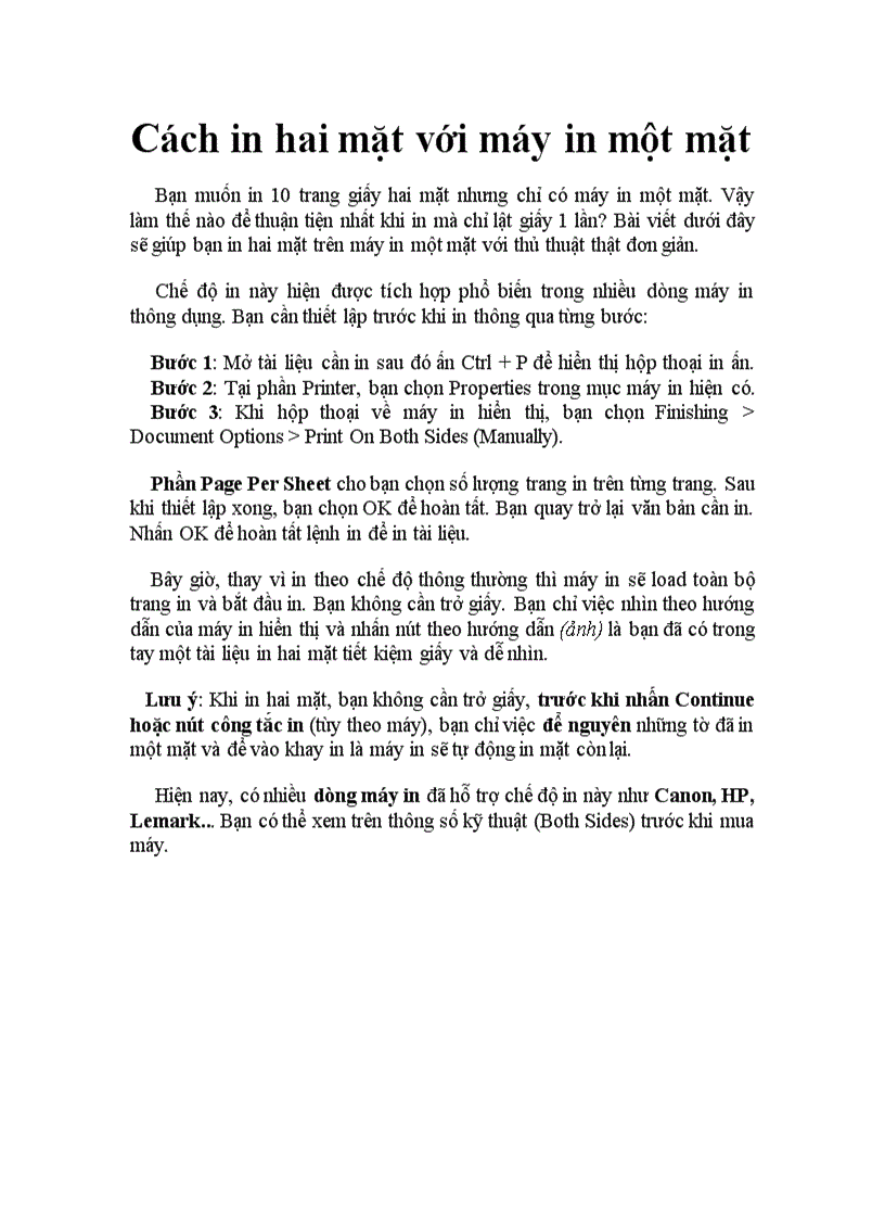 Cách in 2 mặt với máy in 1 mặt
