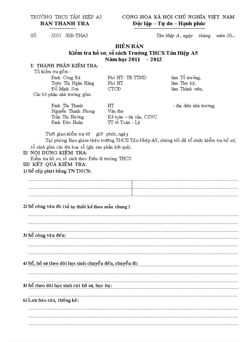 Biên bản tự kiểm tra trường THCS