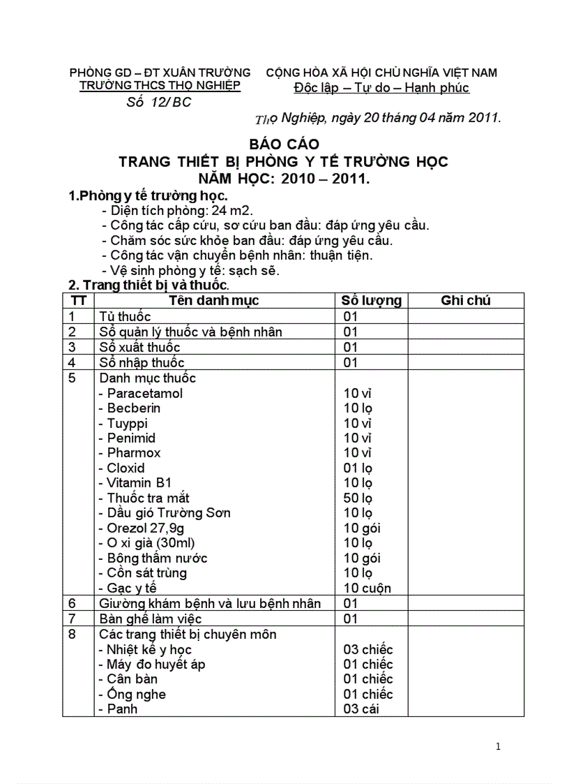 Báo cáo trang thiết bị y tế trường học