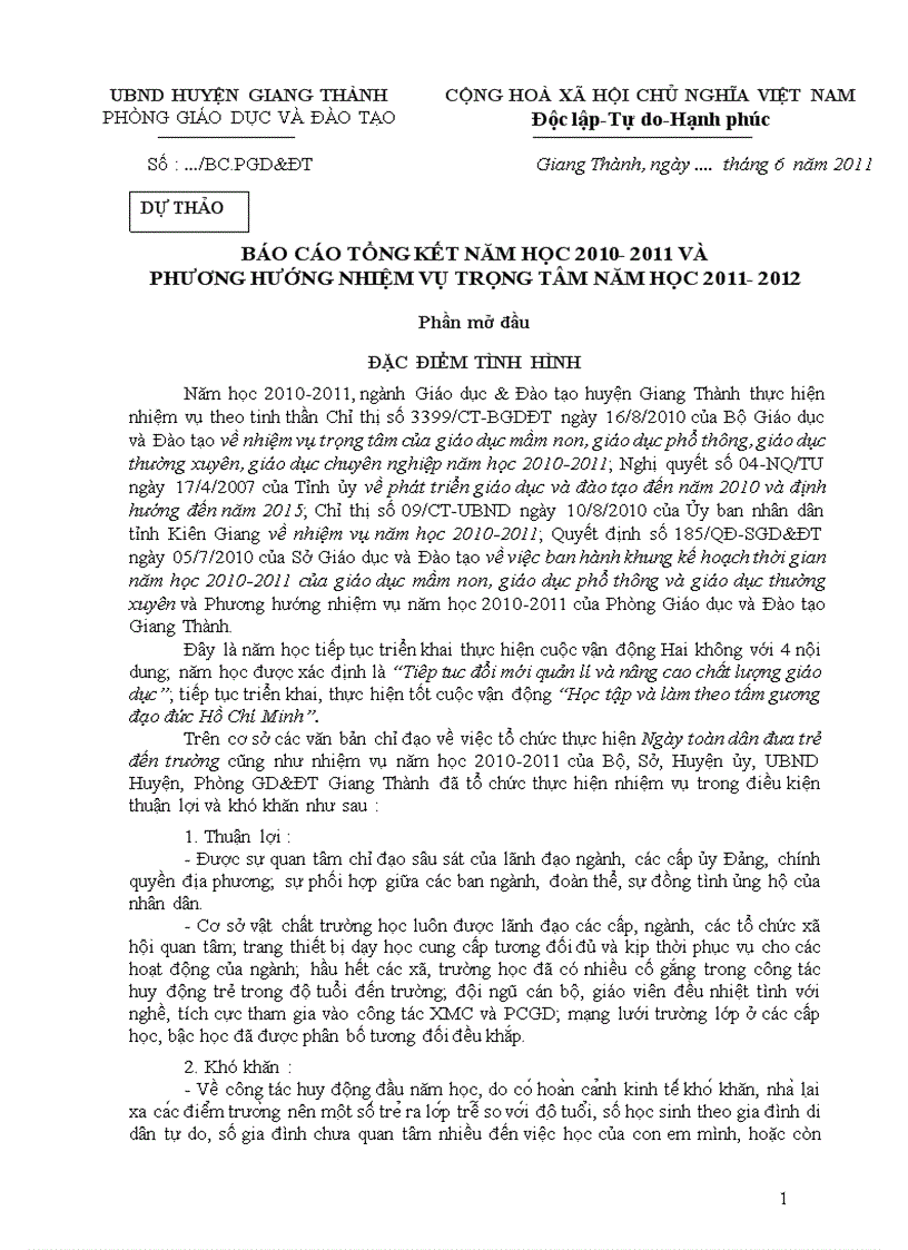 BÁO CÁO TỔNG KẾT NĂM HỌC 2010 2011 VÀ PHƯƠNG HƯỚNG NHIỆM VỤ TRỌNG TÂM NĂM HỌC 2011 2012 Dự thảo