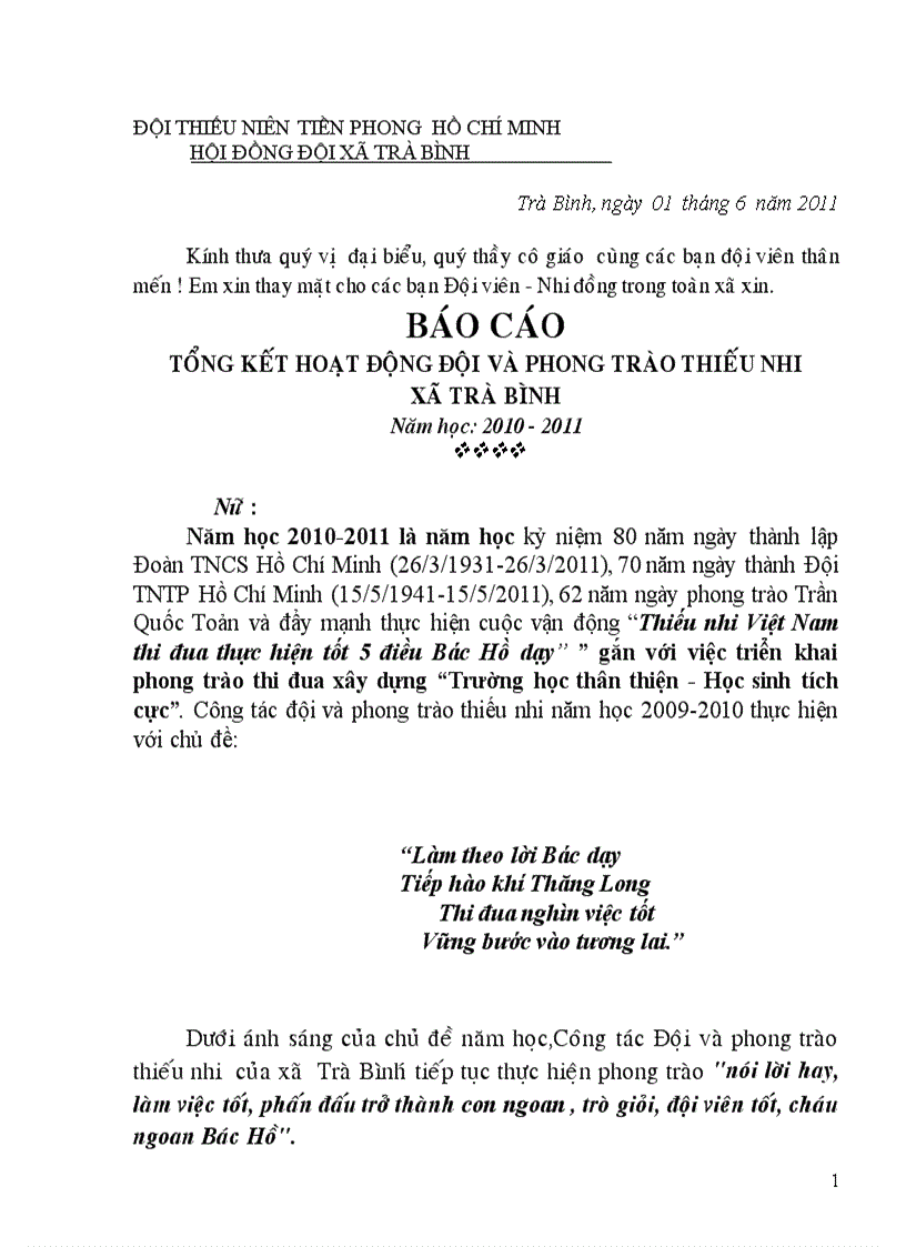 Báo công tại Đại hội cháu ngoan Bác Hồ