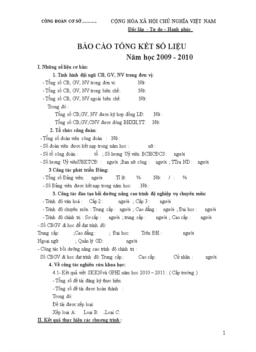 BC số liệu CĐCS TK năm học 2010 2011