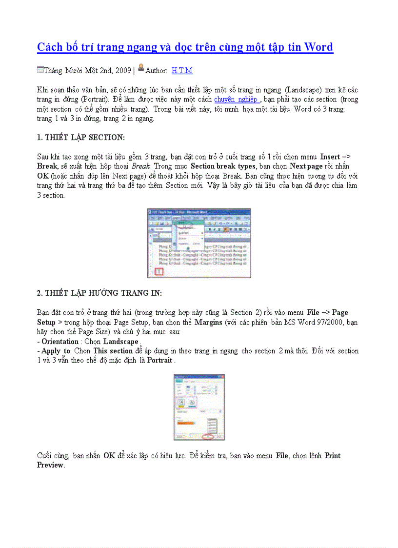 Cách bố trí trang ngang và dọc trên cùng một tập tin Word