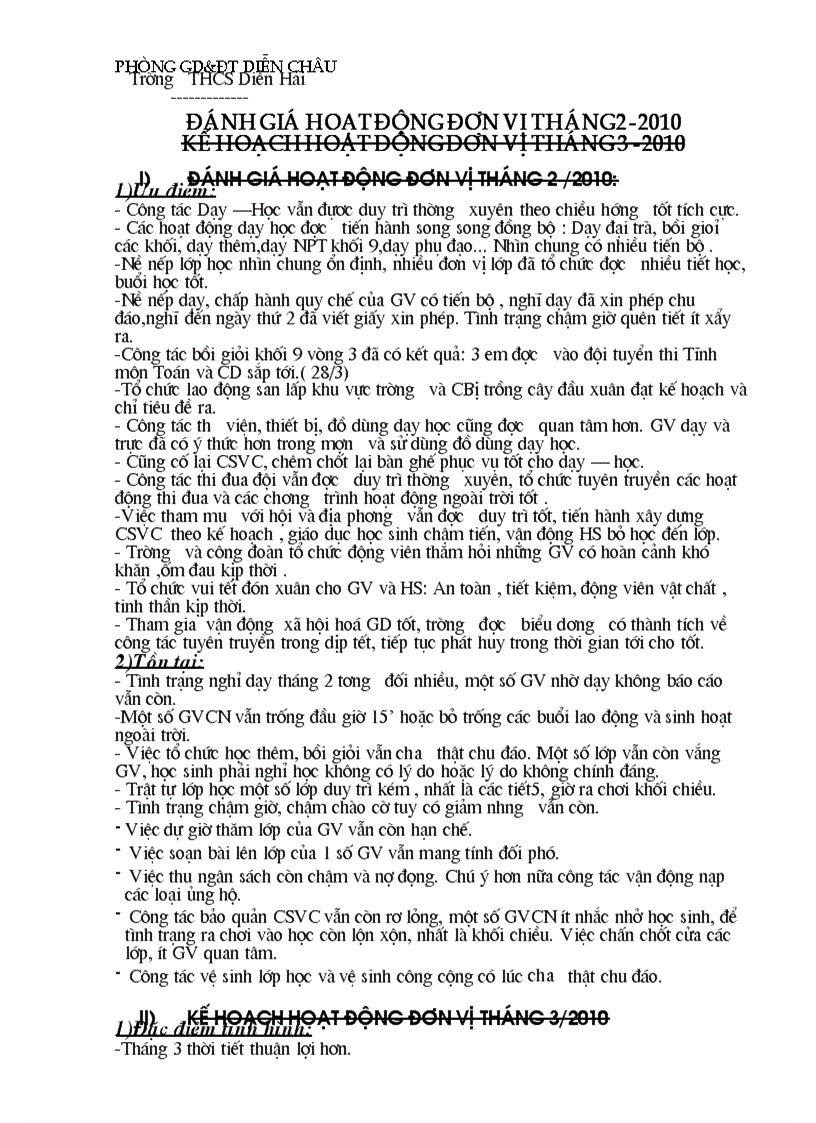 Đánh giá HĐ đơn vị tháng 2 2010