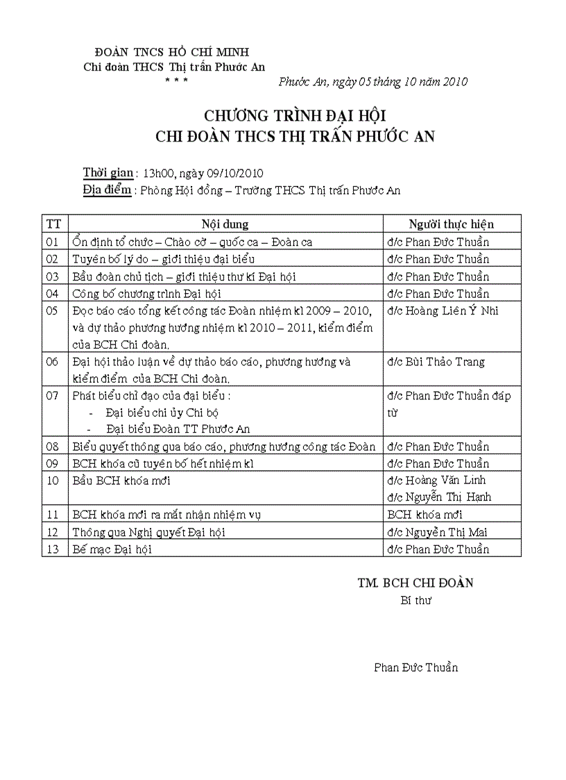 Chương trình đại hội chi đoàn thcs thị trấn phước an