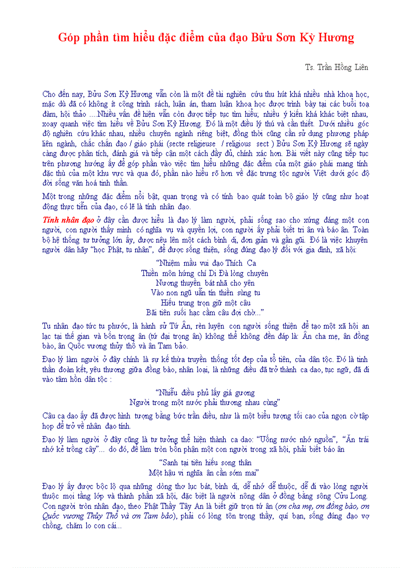 Đặc điểm đạo Bửu Sơn Kỳ Hương