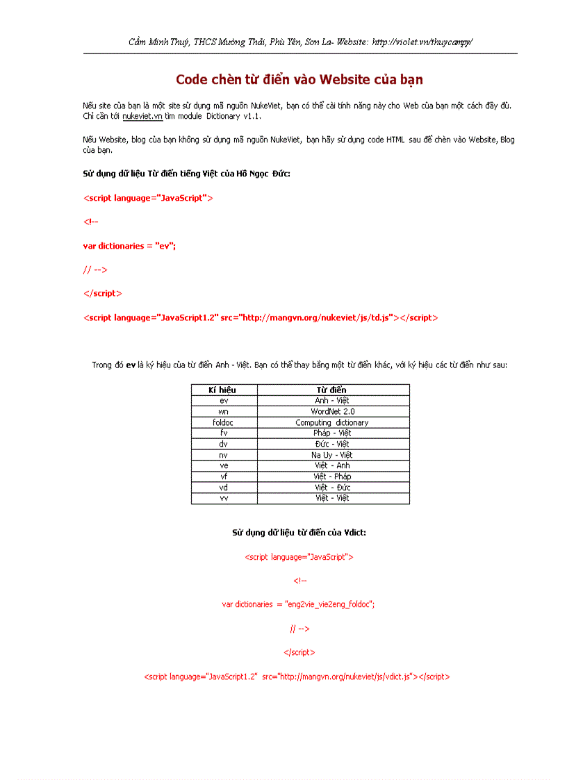 Code chèn từ điển vào site của bạn