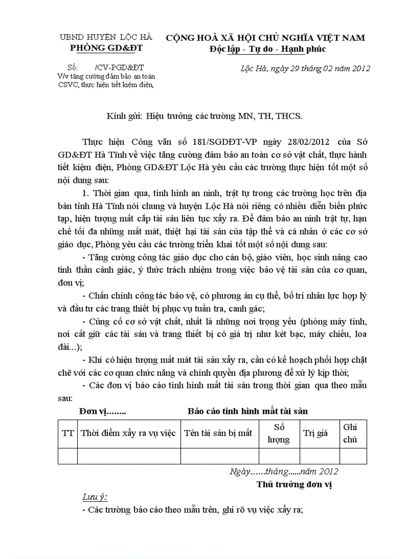 CV Tăng cường bảo đảm an toàn CSVC 2012 doc