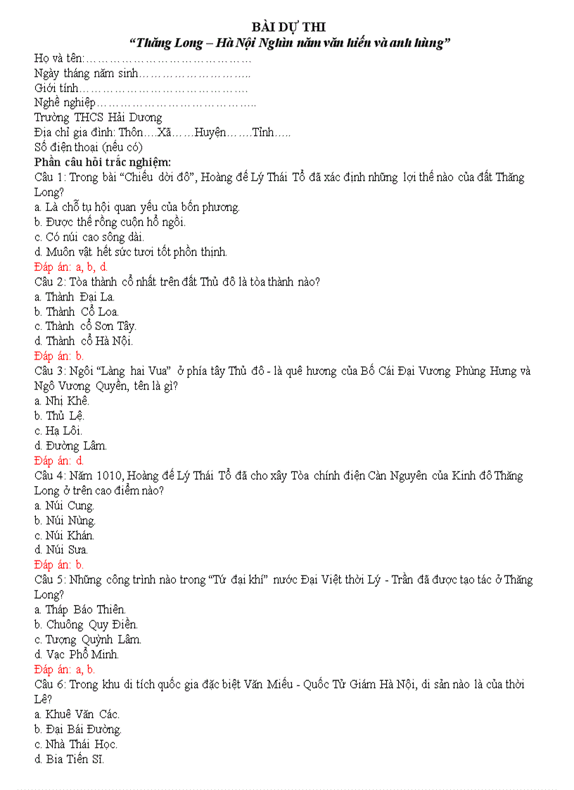 Đáp án Thăng Long Hà Nội ngàn năm văn hiến anh hùng
