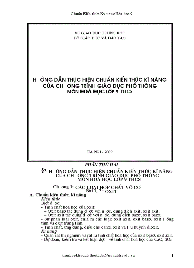 Chuẩn kiến thức kỷ năng môn hoá học 9