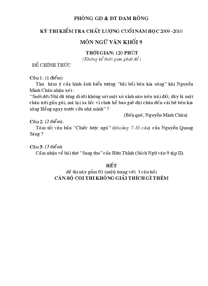 Đáp án Ngữ văn 6năm 2009 2010 Phòng giáo dục Đam Rông