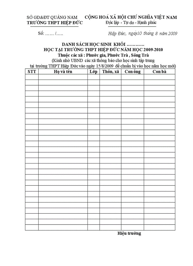 Danh sách học sinh