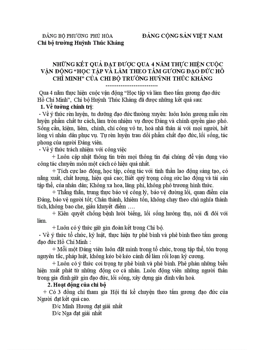 Chi bộ đánh giá 4 năm thực hiện cuộc vận động họctập và làm theo tấm gương đạo đúc Hồ Chí Minh