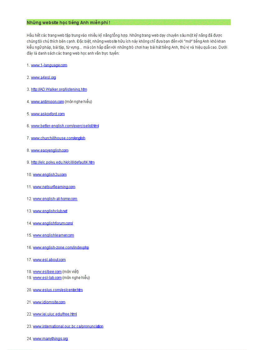 Danh mục website học tiếng Anh miễn phí