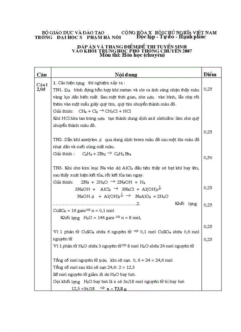 Đáp án Đề thi lóp 10 chuyên ĐHSP HN 07