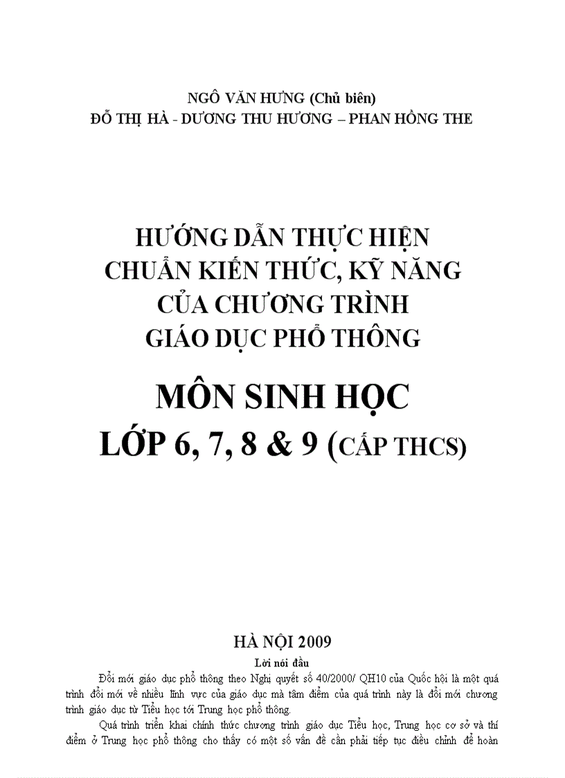 Chuẩn kiến thức kỹ năng môn Sinh 9