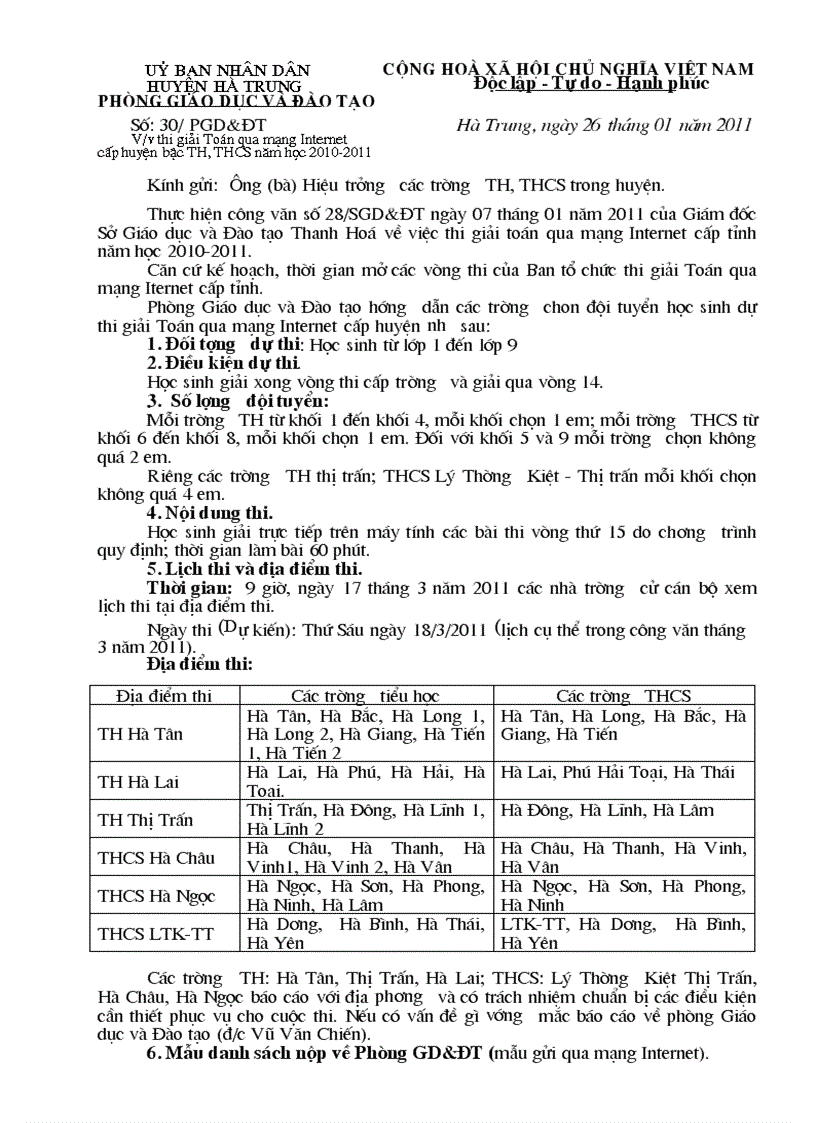 Công văn đăng ký dự thi cấp huyện giải Toán qua mang Internats năm học 2010 2011