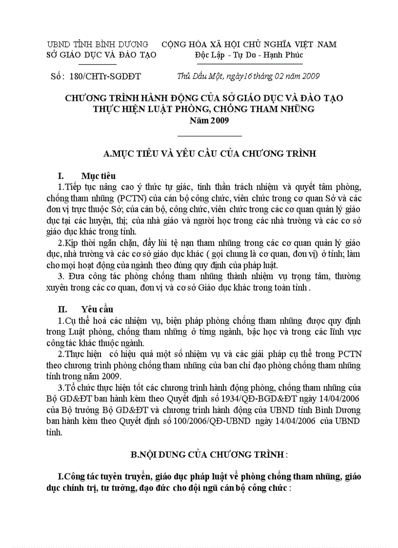 CHƯƠNG TRÌNH HÀNH ĐỘNG CỦA SỞ GIÁO DỤC VÀ ĐÀO TẠO THỰC HIỆN LUẬT PHÒNG CHỐNG THAM NHŨNG Năm 2009