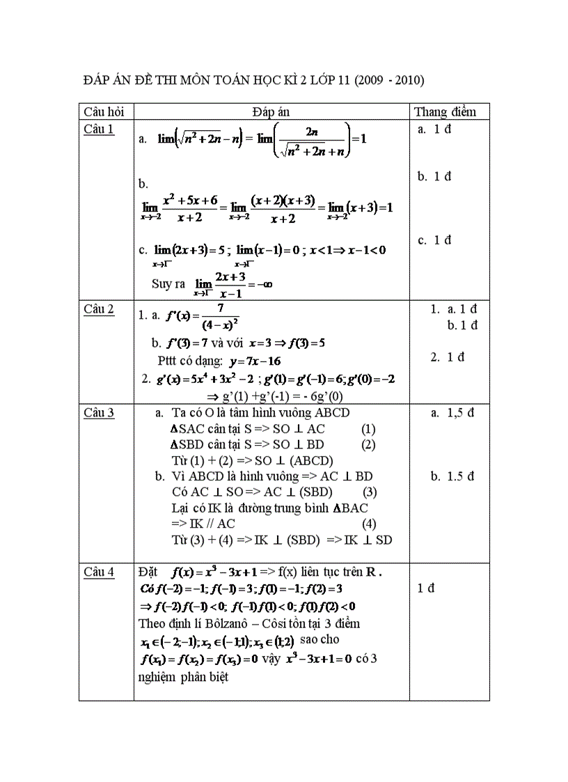 Đáp án đề thi học kì 2 lớp 11