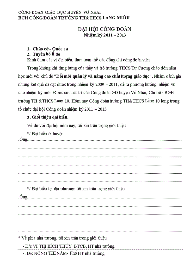 Chương trình đại hội công đoàn 1