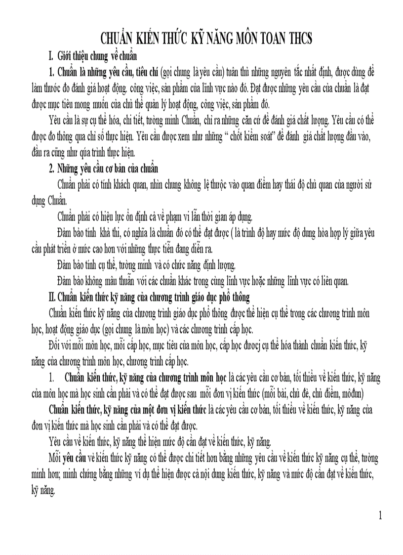 Chuẩnkieenss thức kỹ năng môn toán