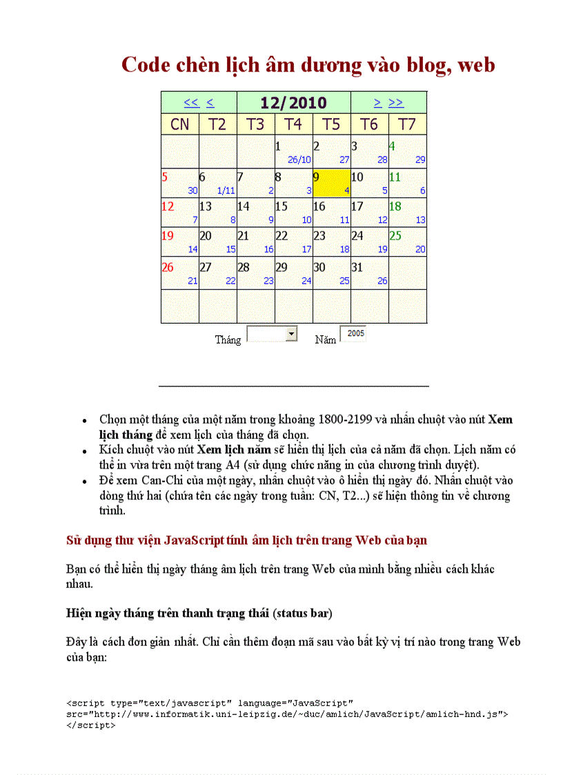 Code chèn lịch âm dương và oblog web