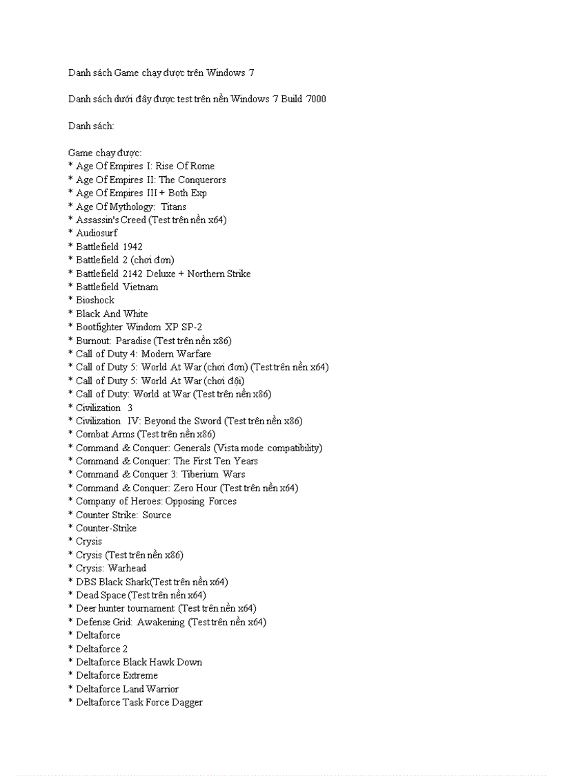 Danh sách Game chạy được trên Windows 7