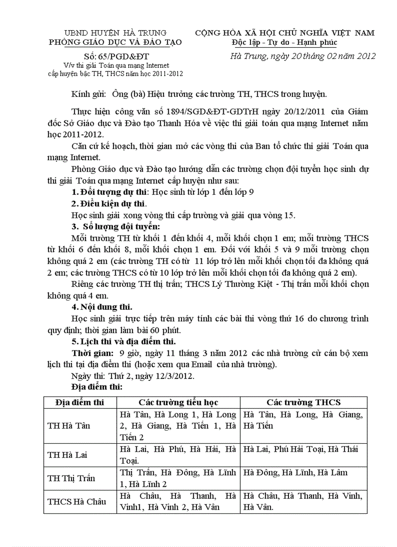 Công văn thi giải toan qua mạng năm học 2011 2012