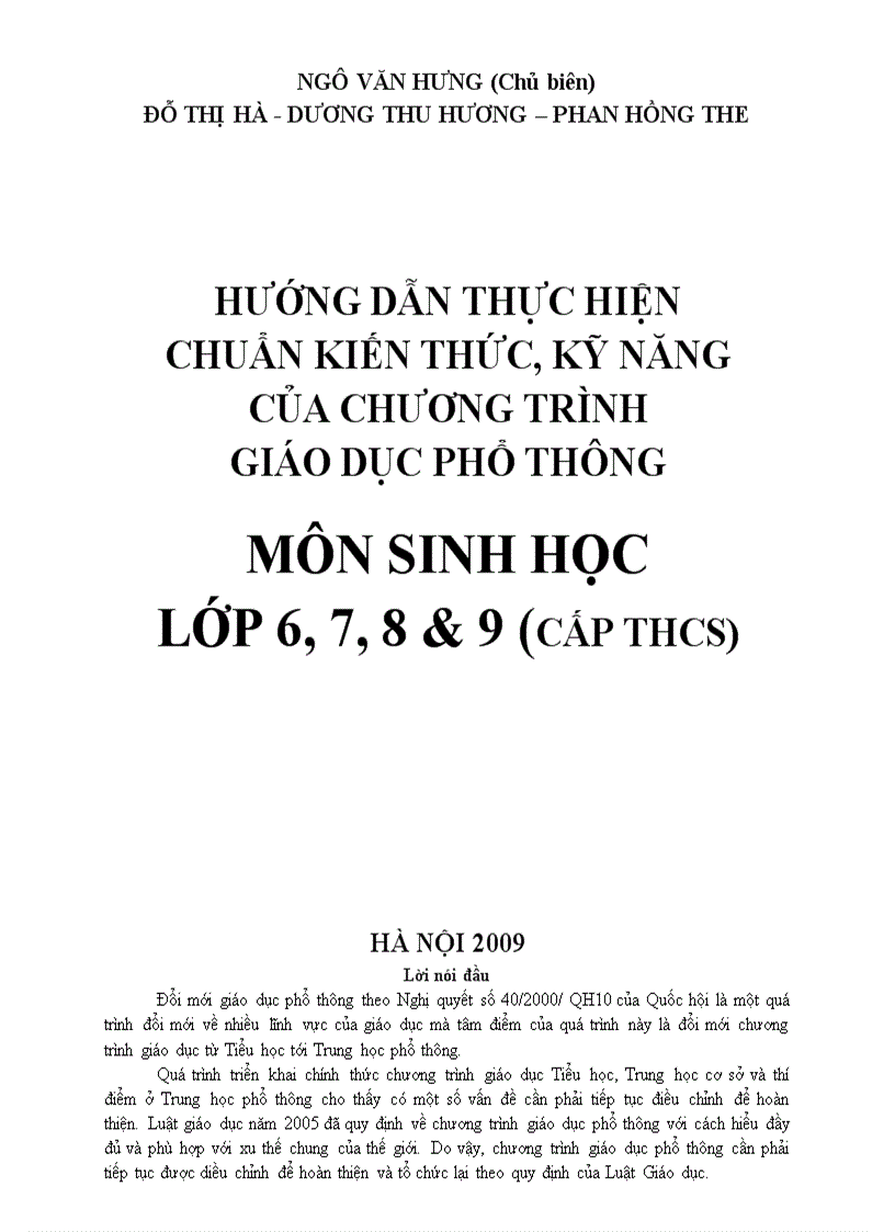 Chuẩn kiến thức kĩ năng Sinh