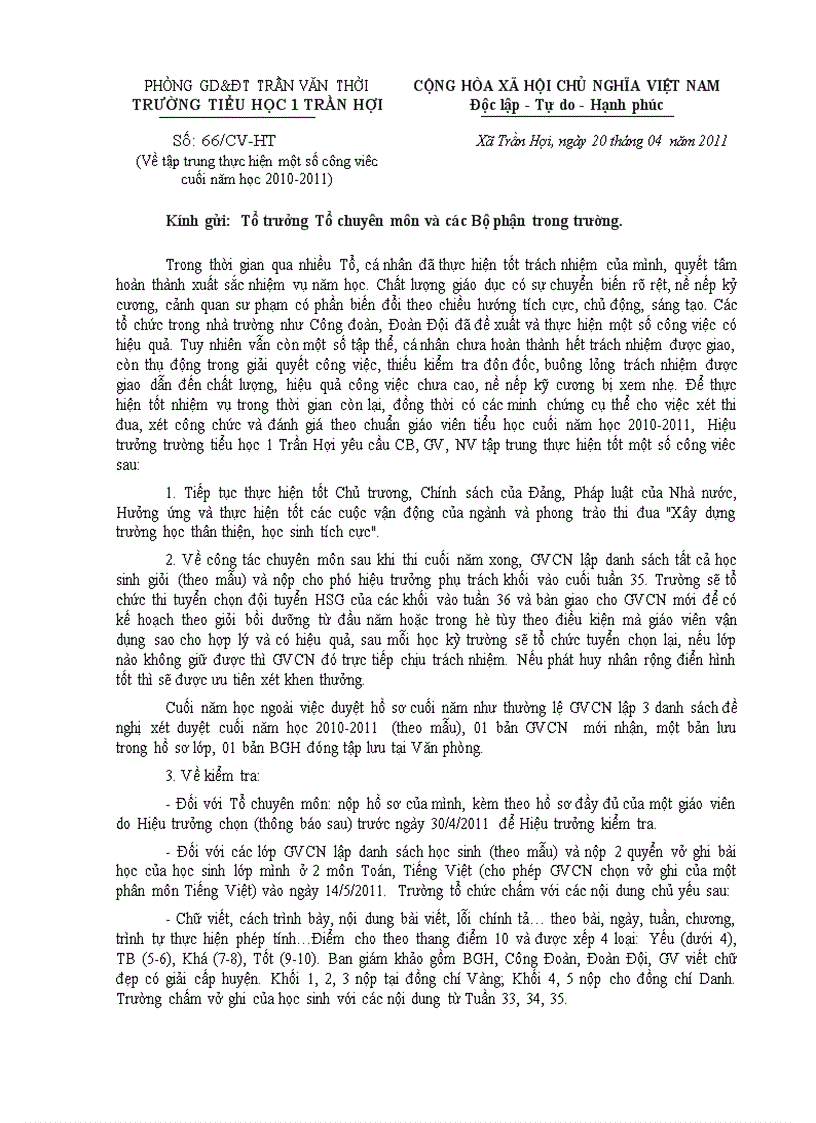 Công văn kết thúc năm học