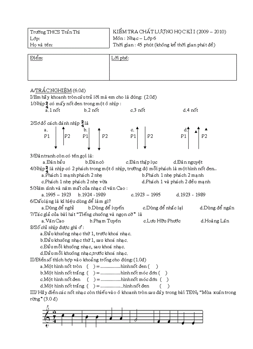 Đề thi đáp án môn nhạc THCS