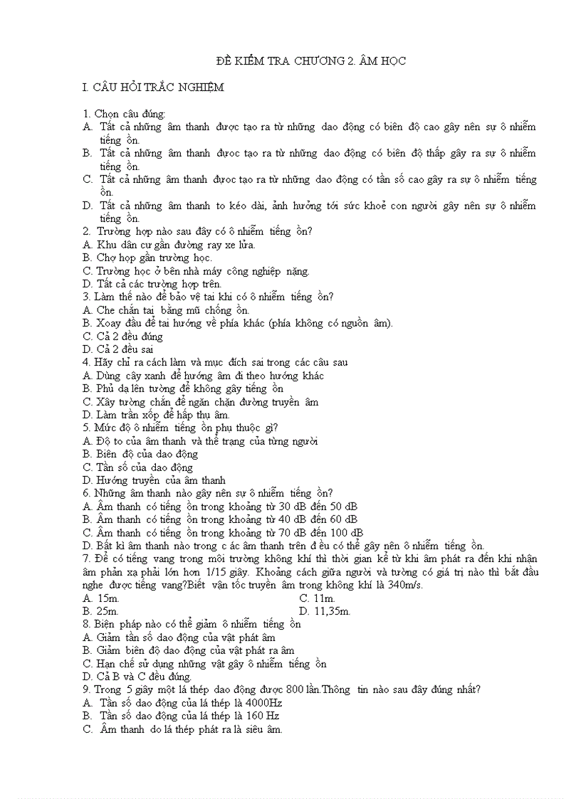 ĐỀ KIỂM TRA CHƯƠNG 2 ÂM HỌC vật lí