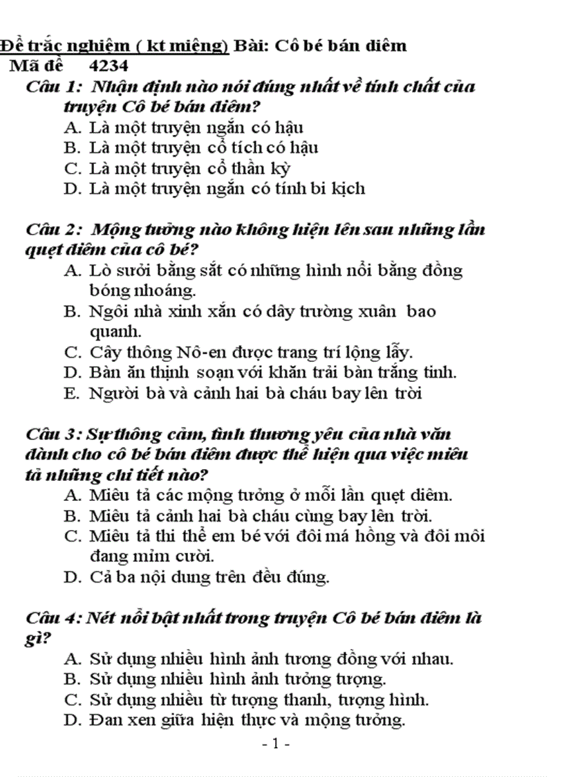 Đề trắc nghiệm kt miệng cô bé bán diêm