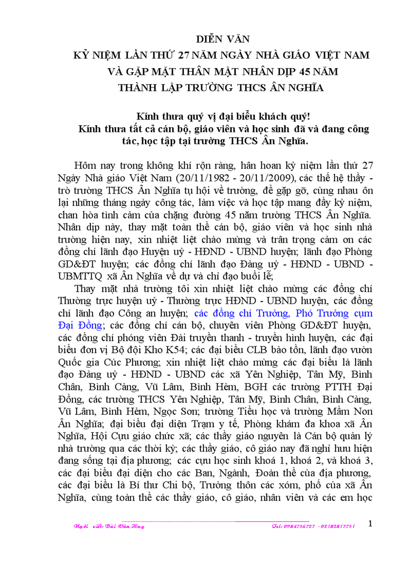 Diễn văn kỷ niệm thành lập trường