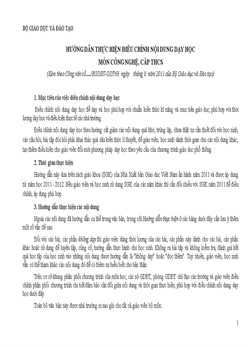 Dự thảo hướng dẫn thực hiện điều chỉnh nội dung dạy học môn công nghệ cấp thcs