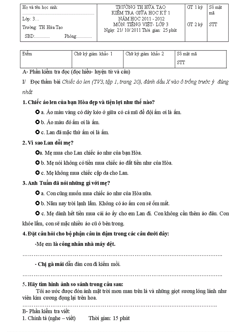 Đề kiểm tra định kỳ giữa học kỳ 1 thúy