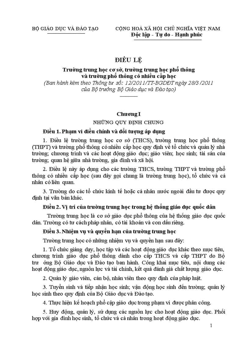 ĐIỀU LỆ Trường trung học cơ sở trường trung học phổ thông và trường phổ thông có nhiều cấp học