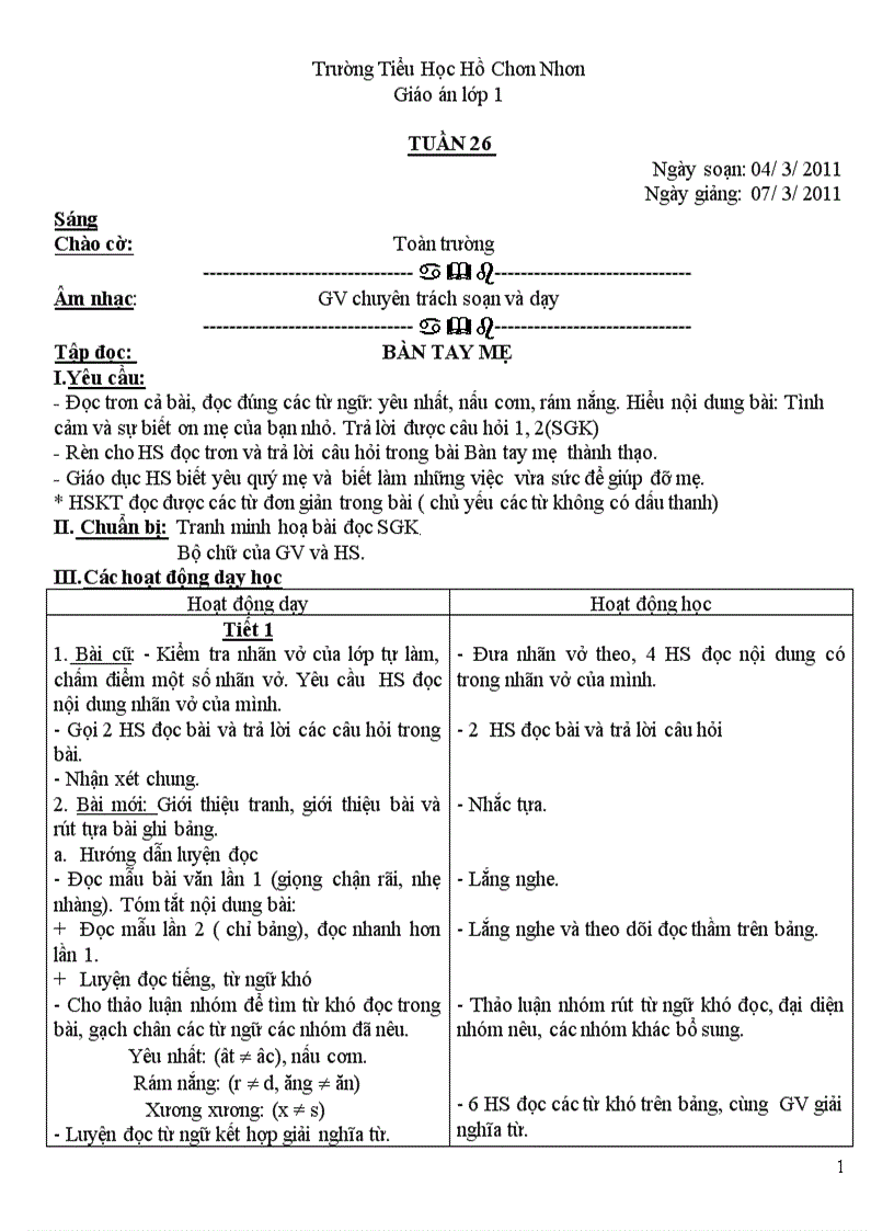 GA lớp 1 tuần 26