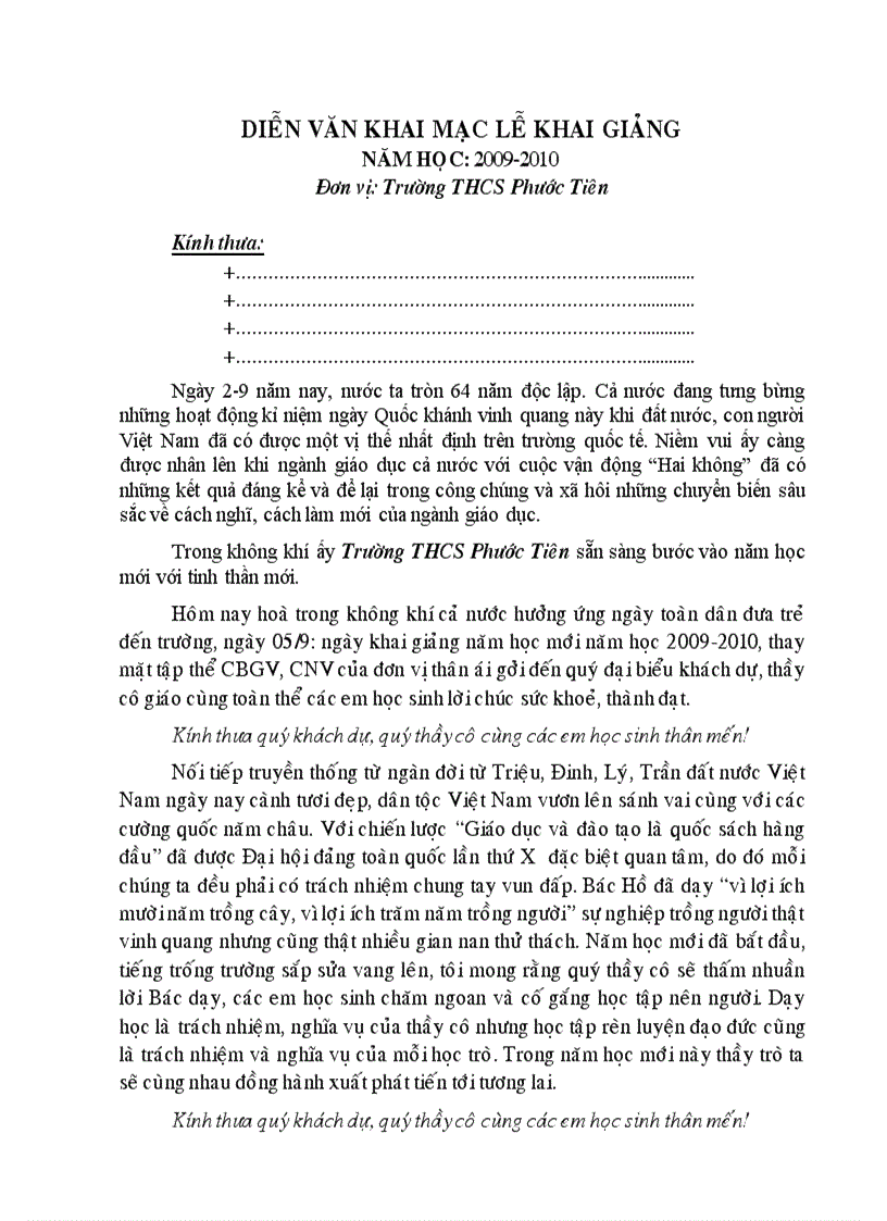 Diễn văn khai giảng 2009 2010 1