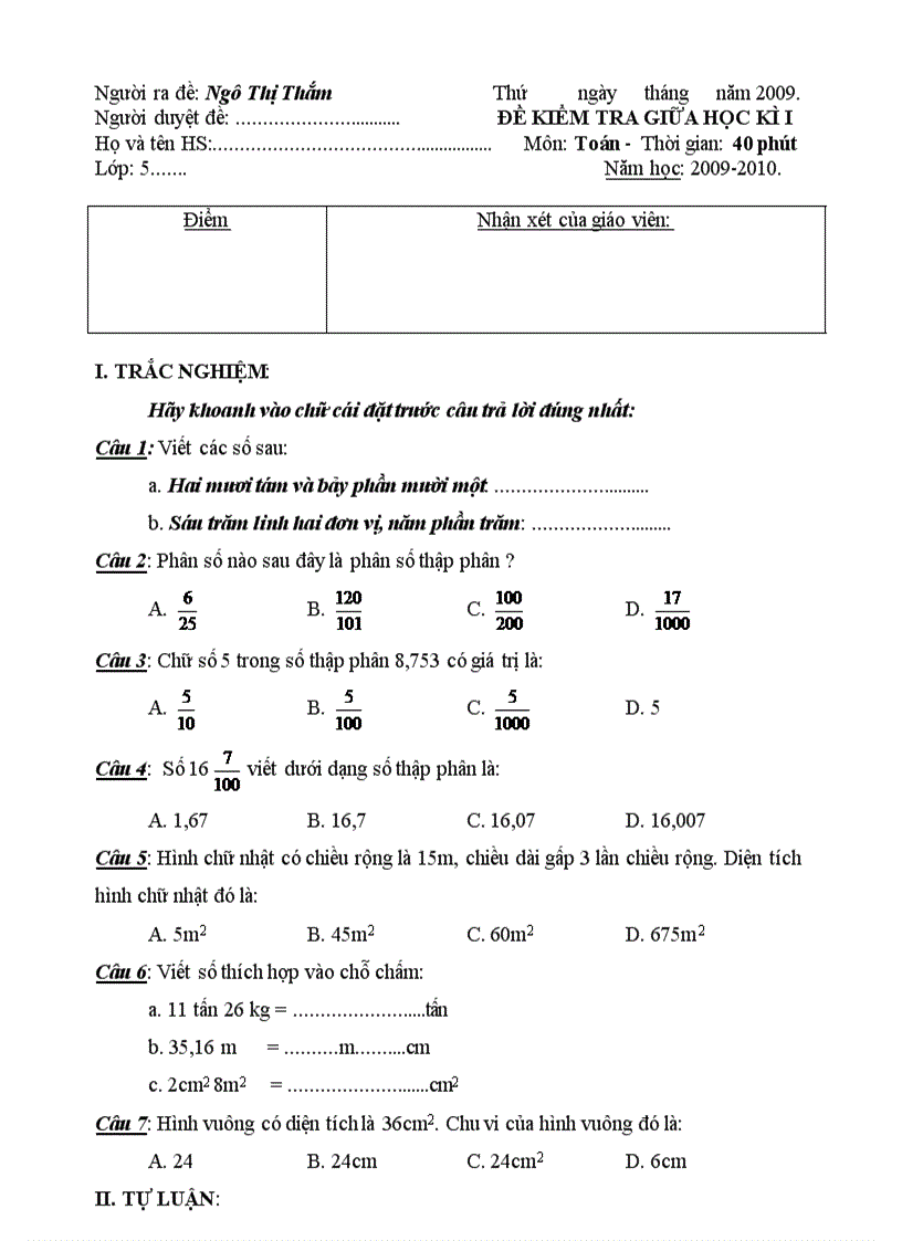 Đề KT GHKI lớp 5