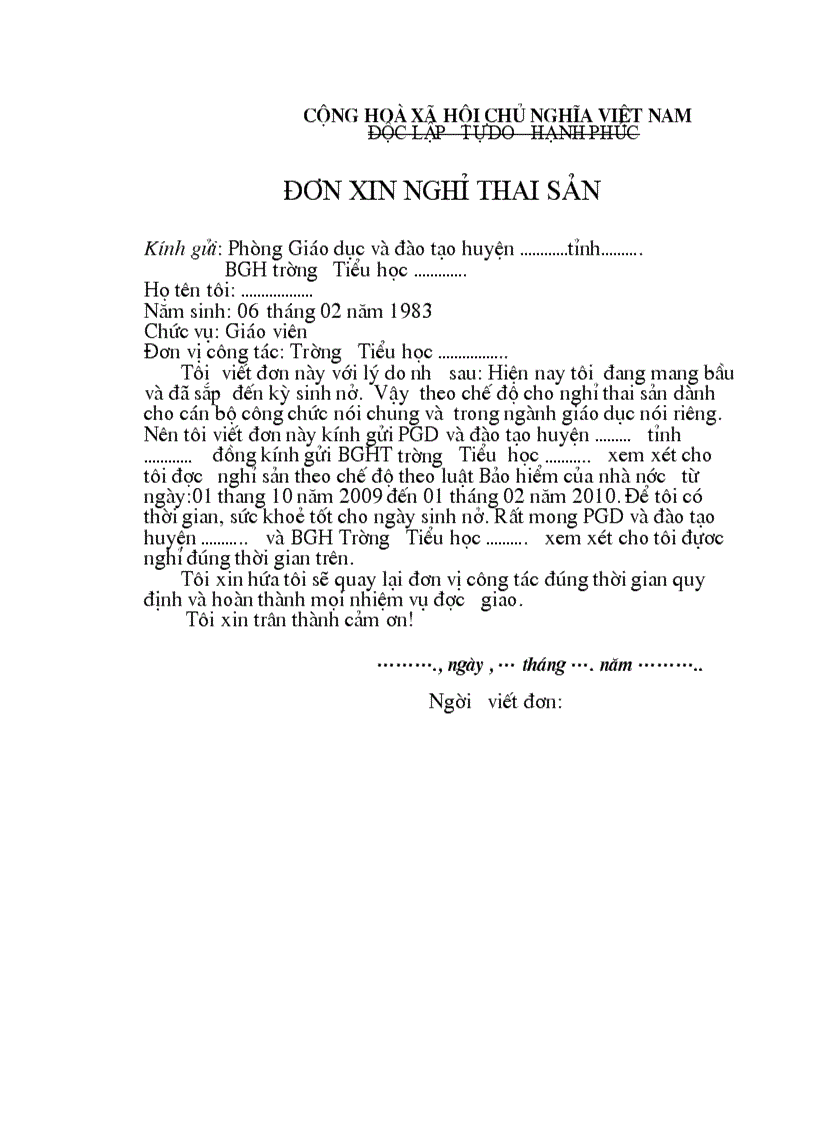 Don xin nghi thai san