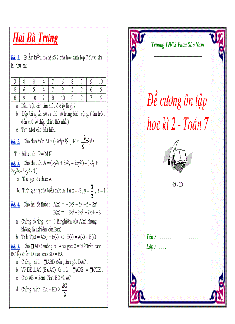 De ôn tập toán 7 HKII sưu tầm