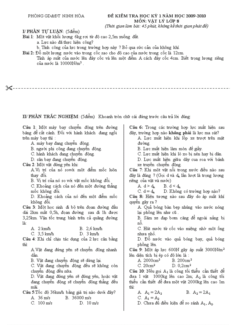 Đề kiểm tra học kì môn lý lớp 8