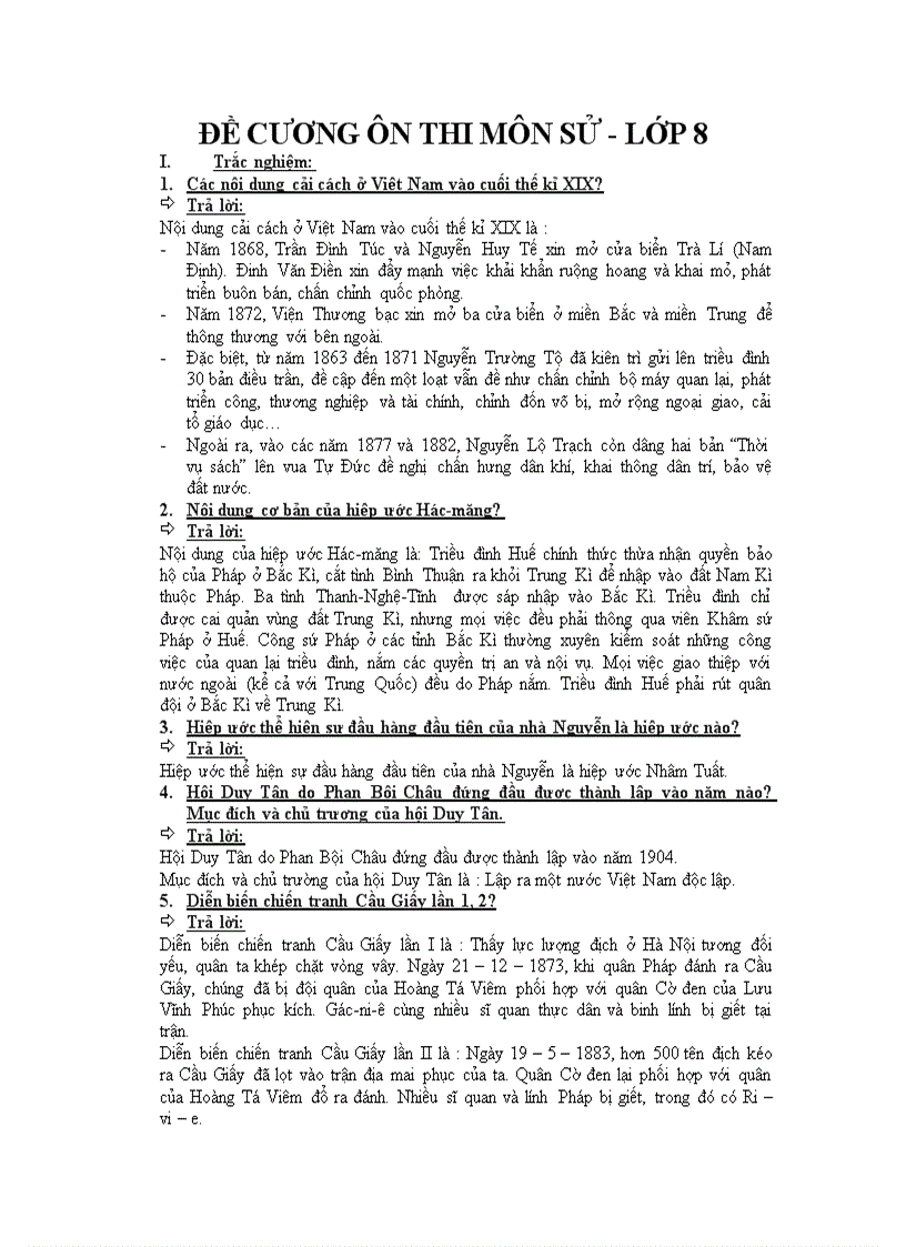 Đề cương ôn thi môn sử lớp 8