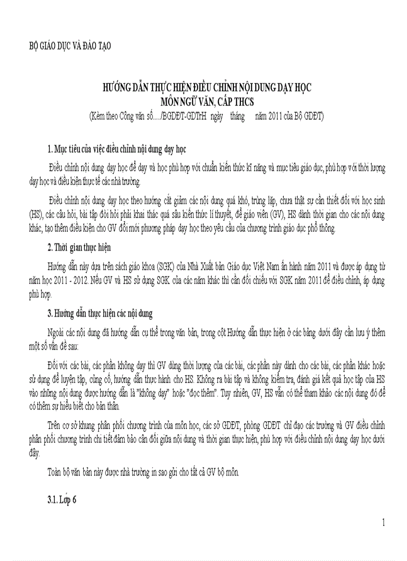 Dự thảo hướng dẫn thực hiện điều chỉnh nội dung dạy học môn ngữ văn cấp thcs