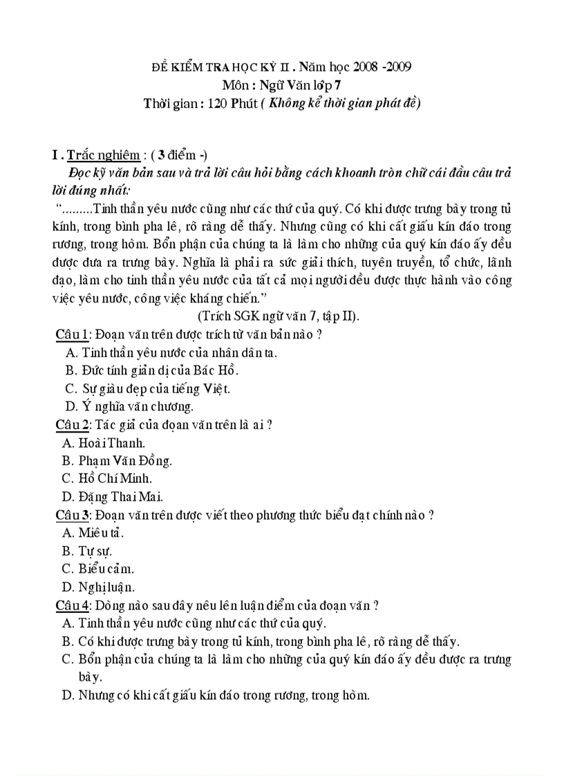 Đề thi học kỳ 2 môn ngữ văn 7