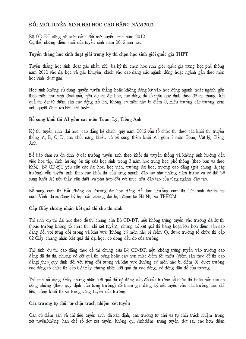 Đổi mới tuyển sinh năm 2012