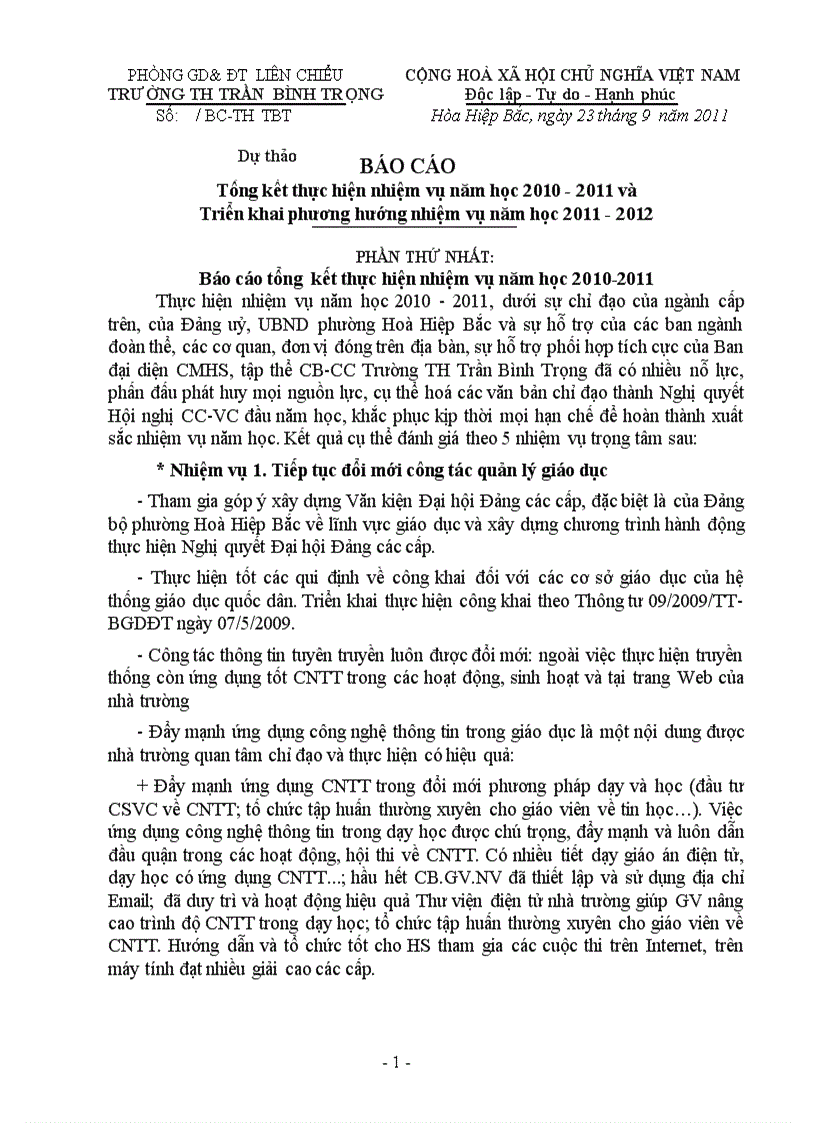 Dự thảo Báo cáo Tổng kết năm học 2010 2011 và Phương hướng nhiệm vụ năm học 2011 2012