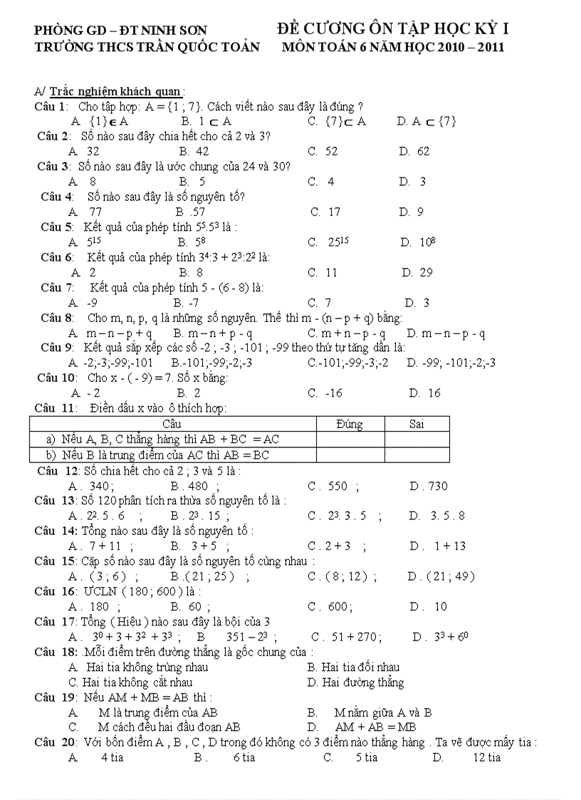 De cuong ontap toán 6 hki