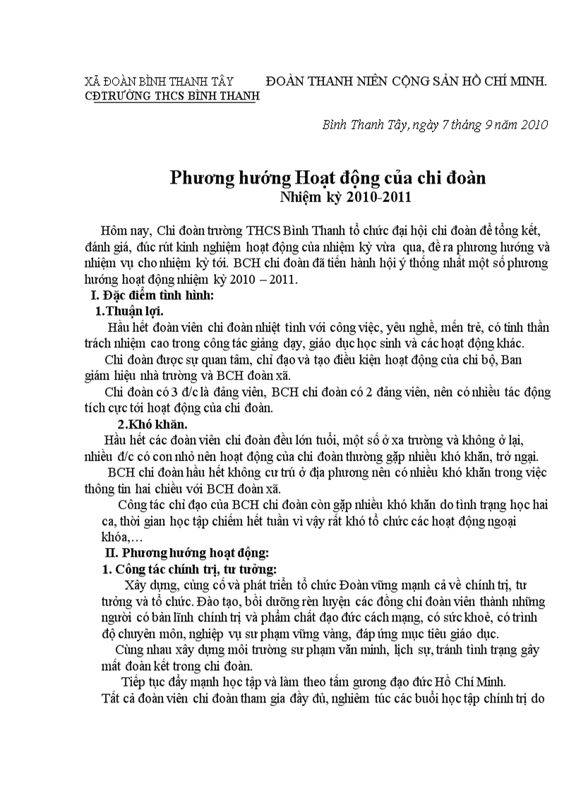 Dự thảo phương hướng chi đoàn GV nhiện kỳ 2010 2011